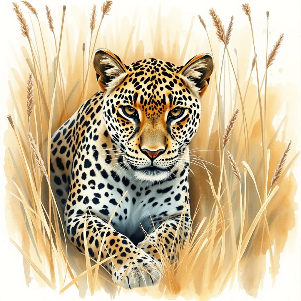 Leopard in Dry Grass Watercolour Painting