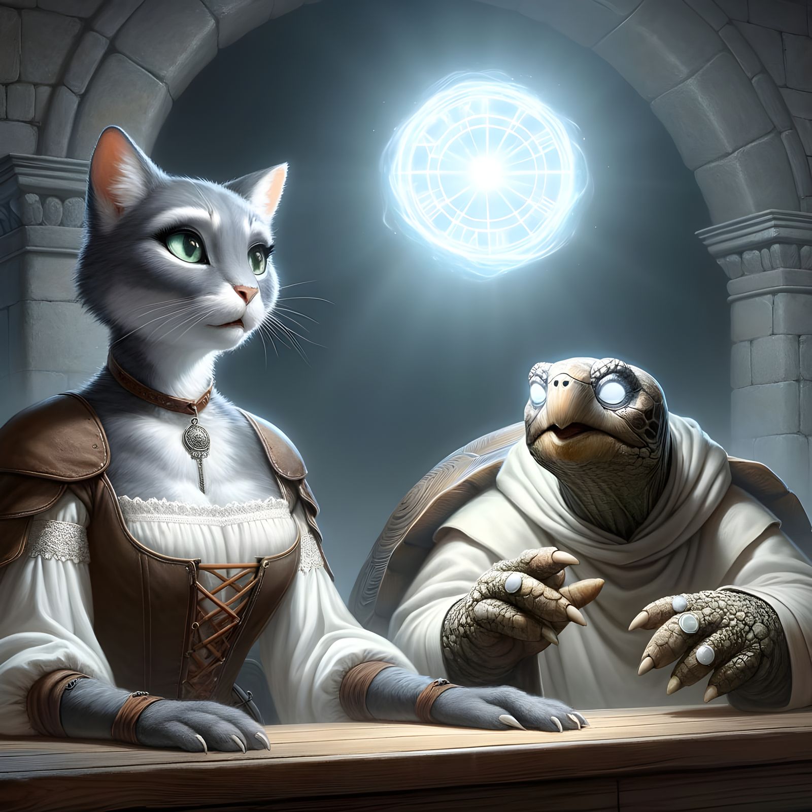 Feline Rogue and Tortoise Monk with Glowing Artifact