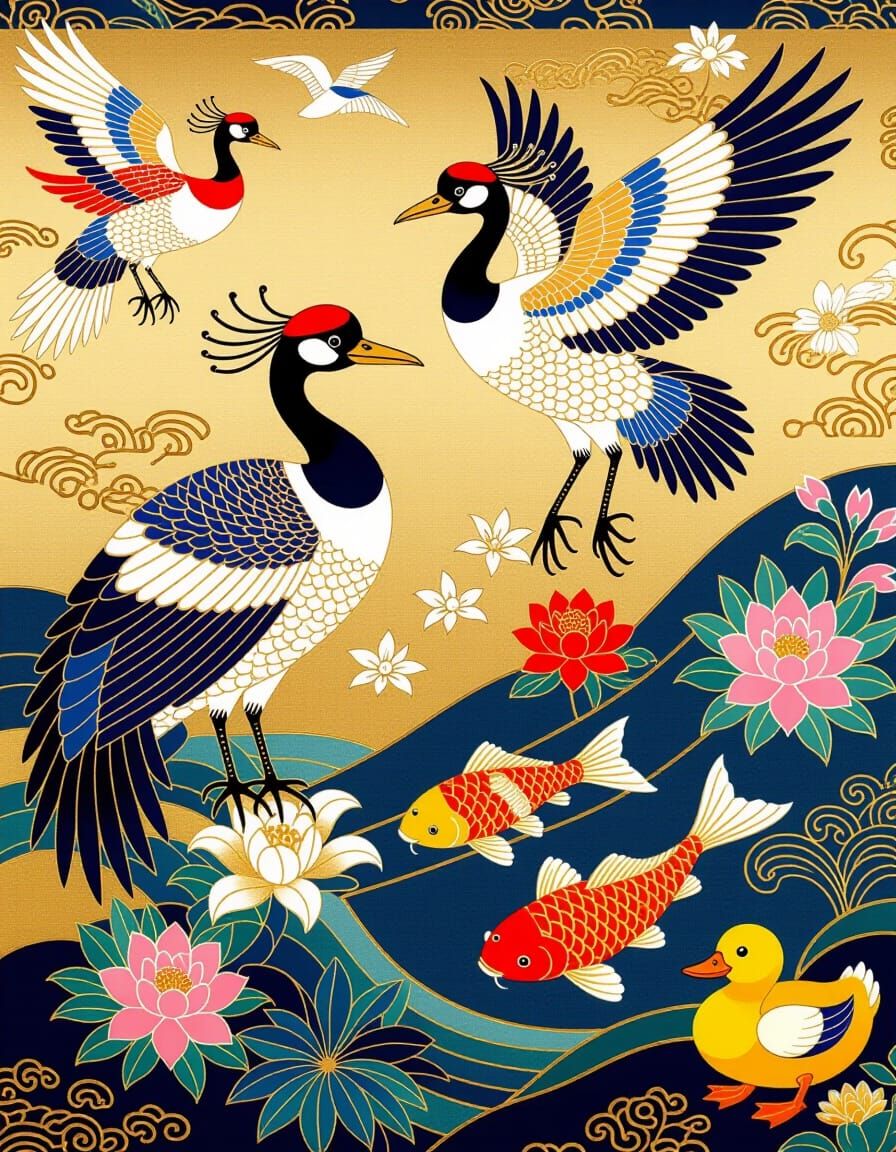 Raven Masterpiece Silk Tapestry with Cranes and Koi