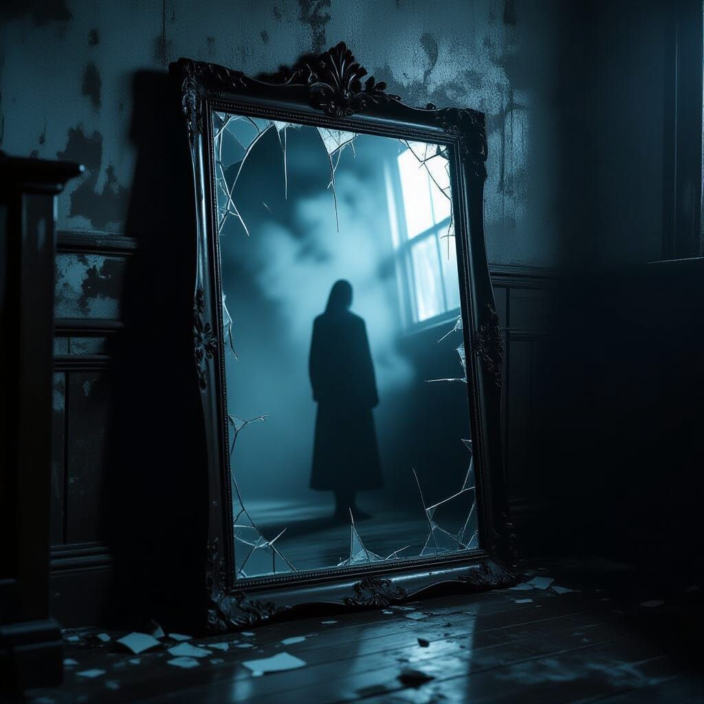 Eerie Cracked Mirror Reflecting Shadows in Dim Fog