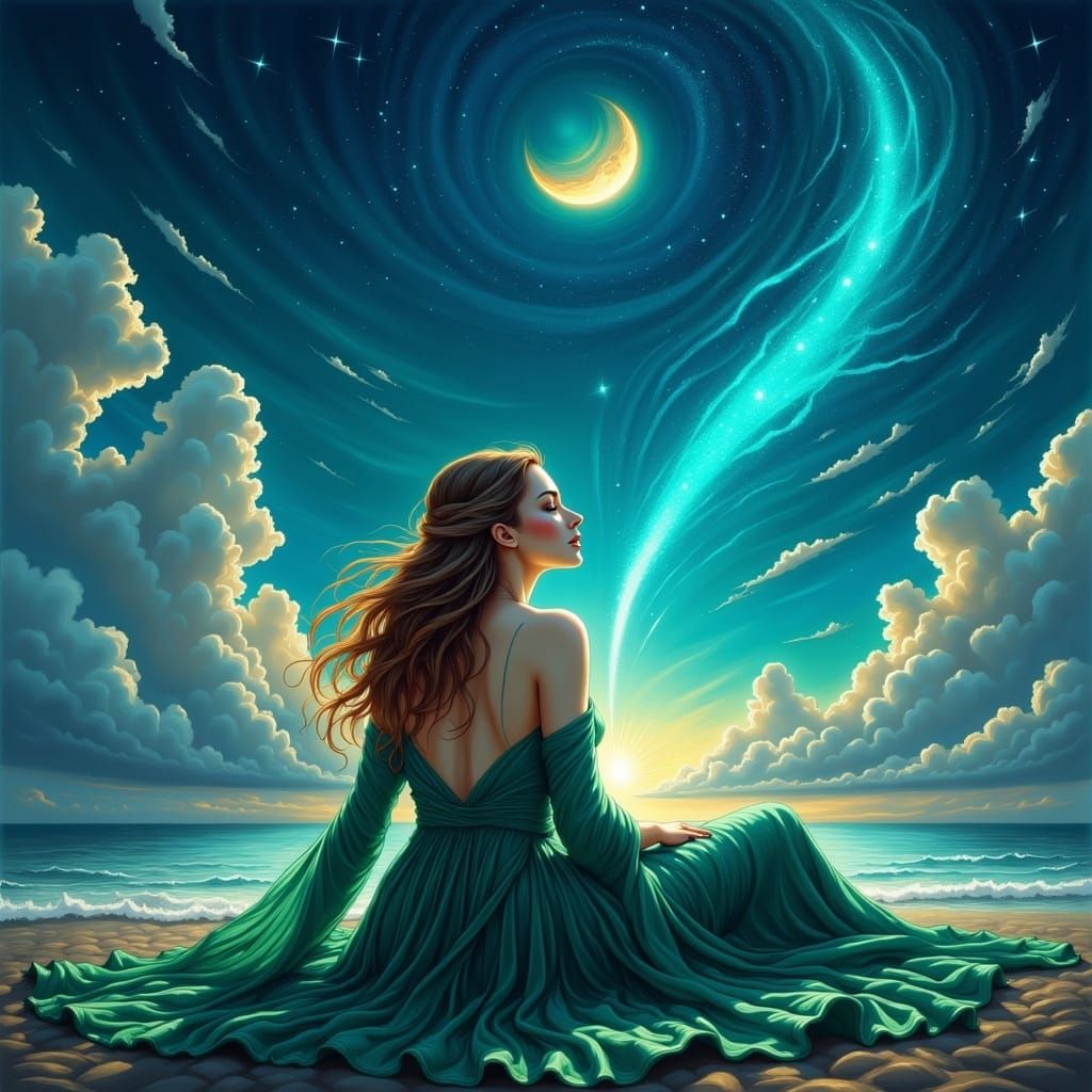 Ethereal Stargazer Under Crescent Moon in Fantasy Art Style