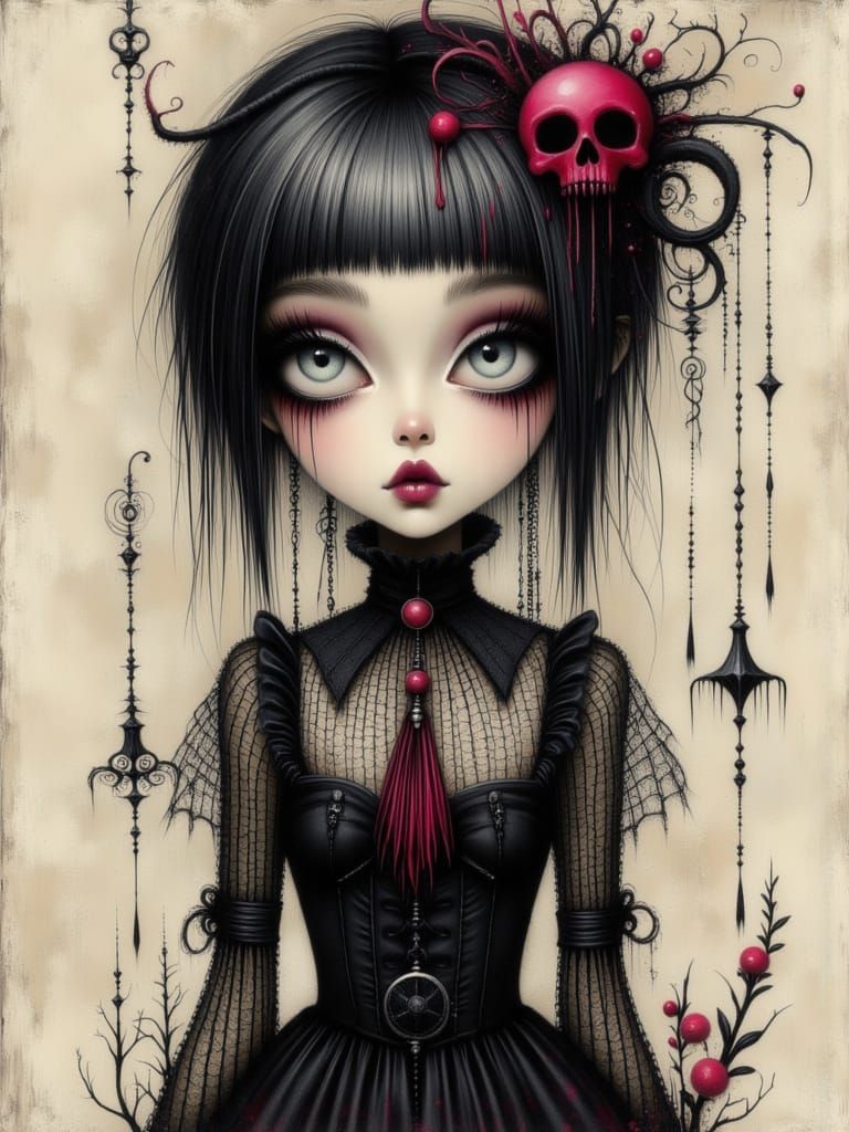 Colorful Gothic Woman in Watercolor and Ink