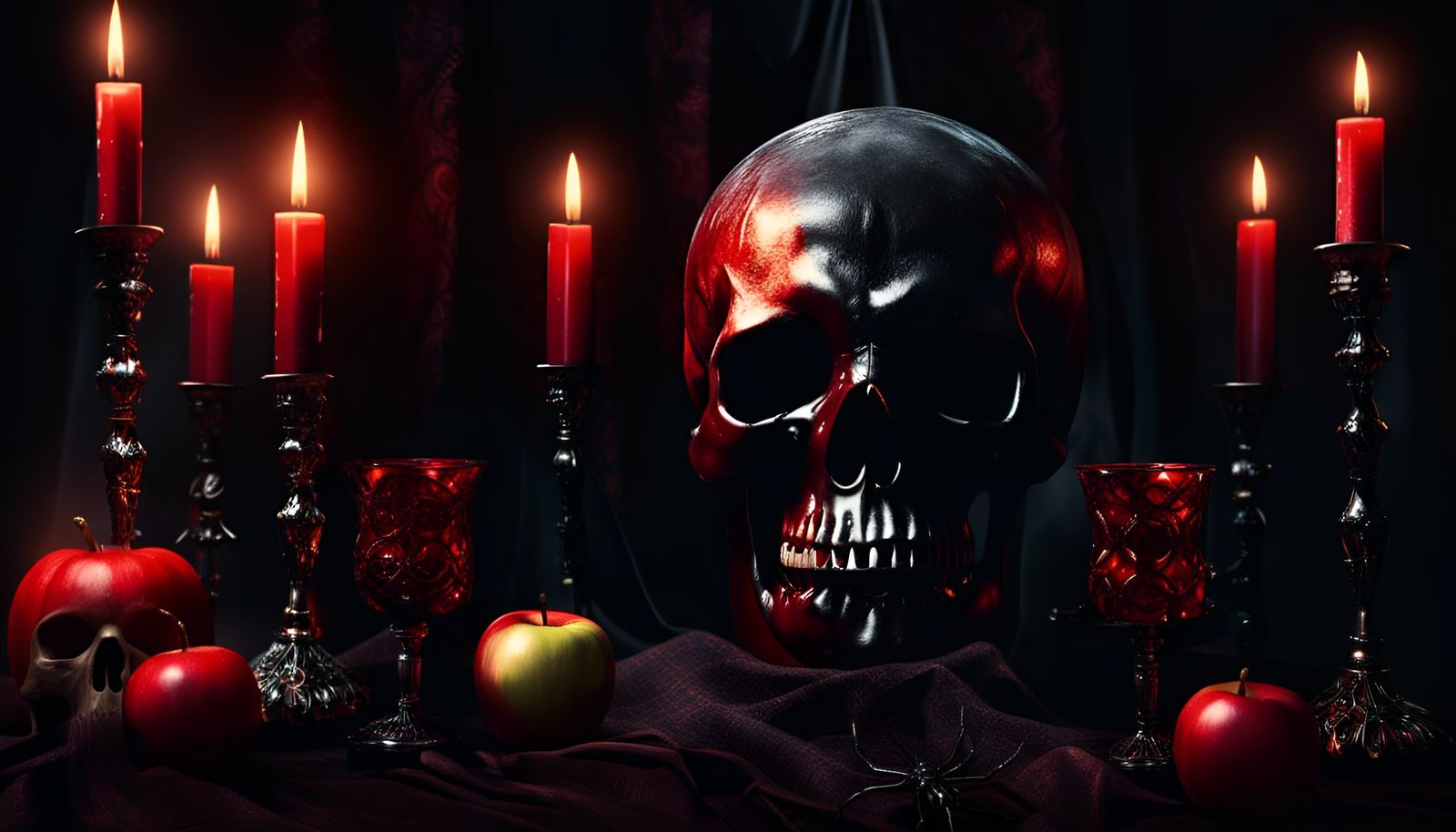 Spooky Skull Still Life with Wine and Web