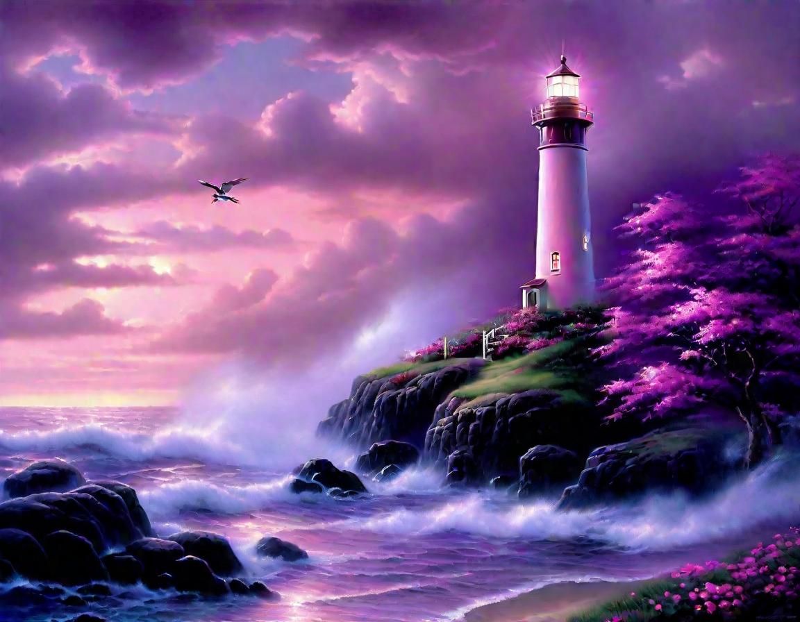 Lighthouse in Pink and Purple, Luminist Painting