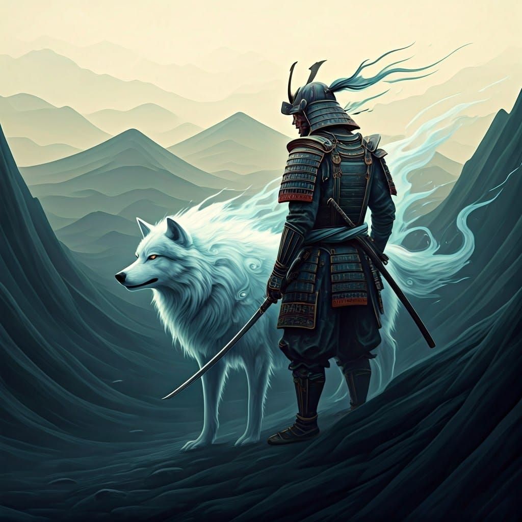 Samurai and Wolf Journey in Surreal Ukiyo-e Landscape