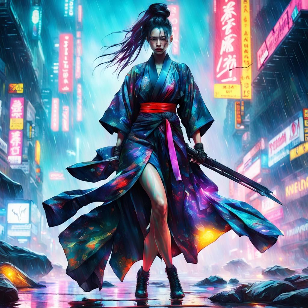Cyberpunk Warrior in Rainy Neon Cityscape