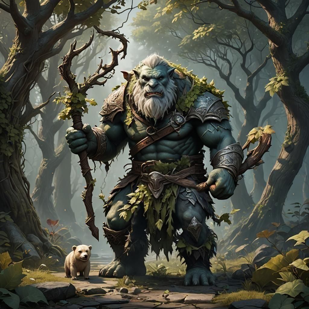 Firbolg Troll Ranger with Polar Bear, Fantasy Art