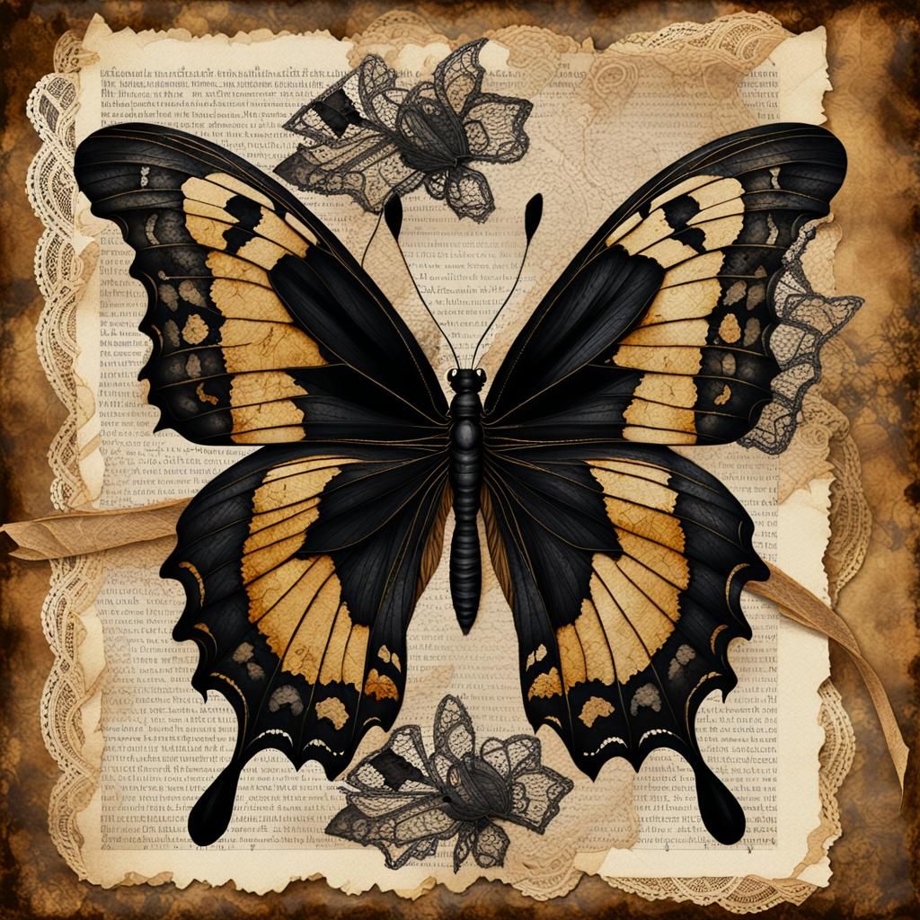 Lace-Winged Butterfly on Antique Page in Gothic Horror Style