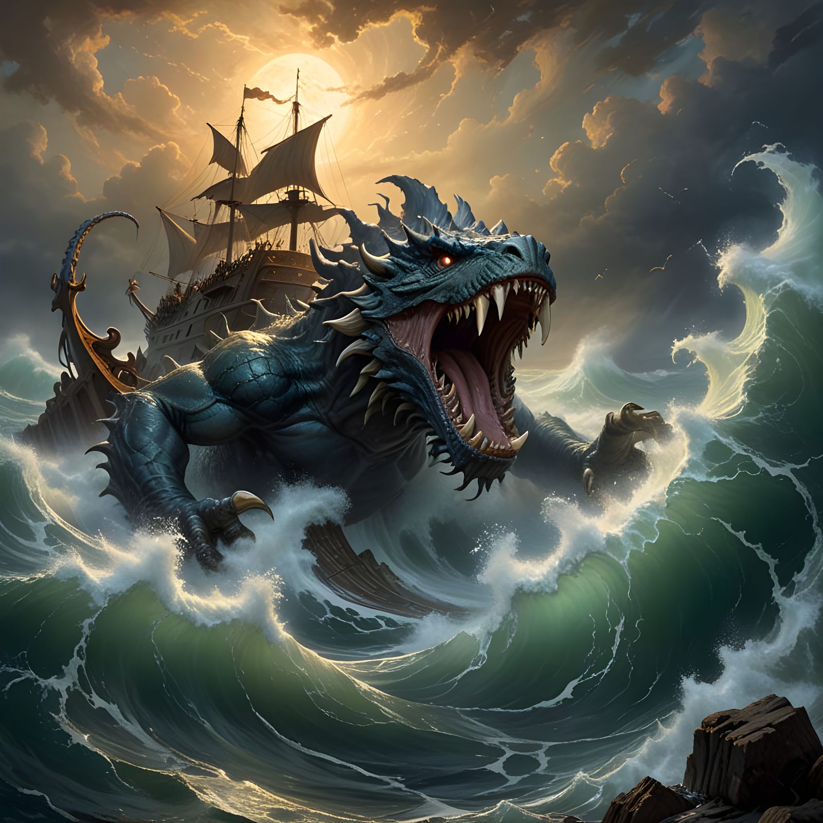 Odysseus Battles the Sea Monster Charybdis in Ancient Greek...