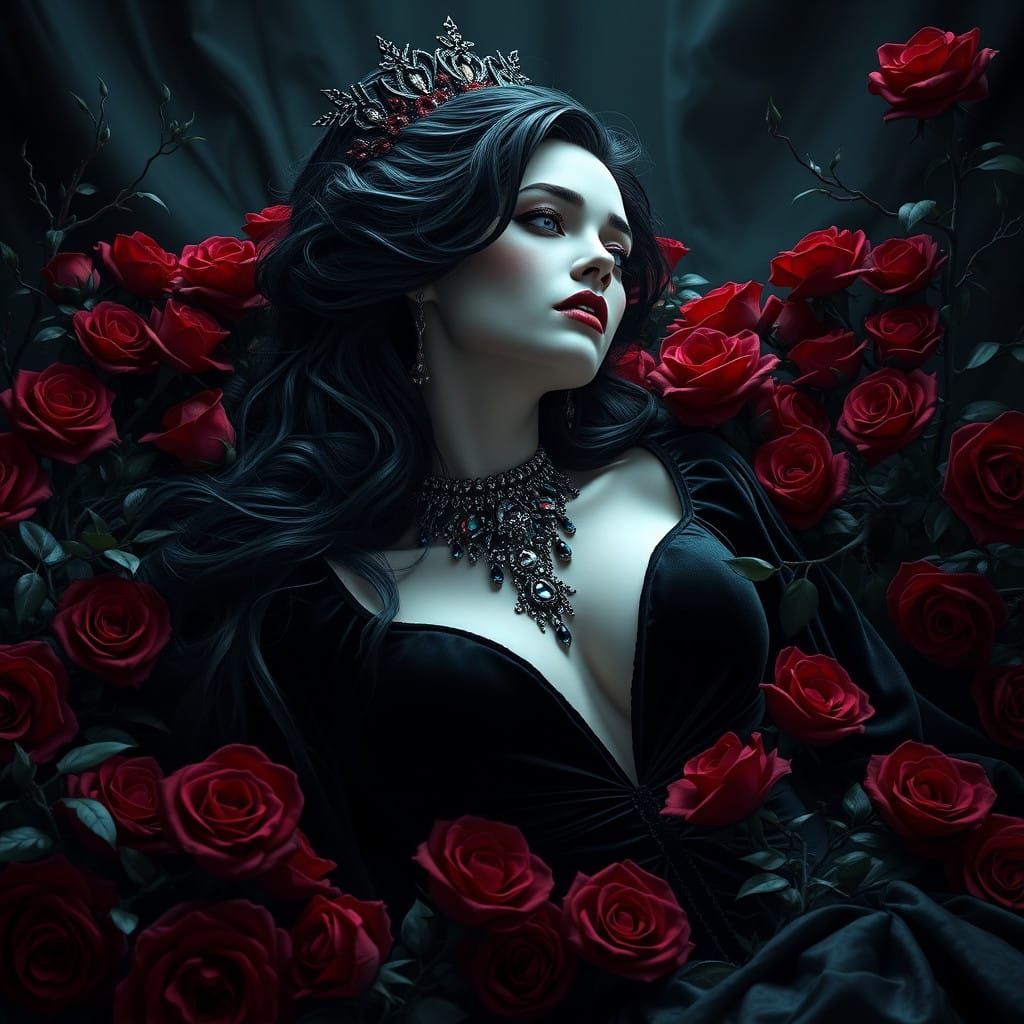 Regal Vampire Queen Surrounded by Blood-Red Roses
