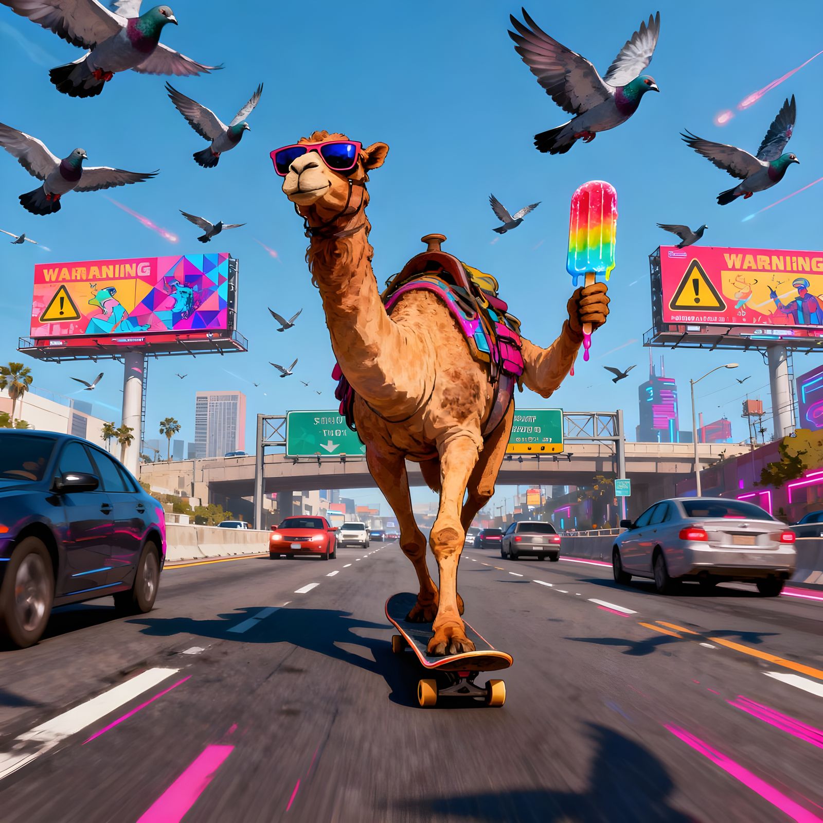 Camel on Skateboard Races Down Highway with Pigeons