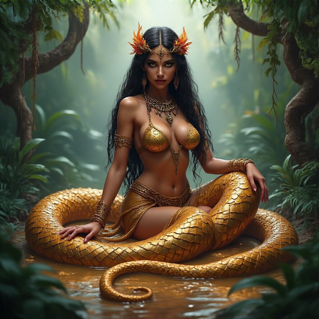 Serpent Priestess Coiled in Jungle, Oil Painting