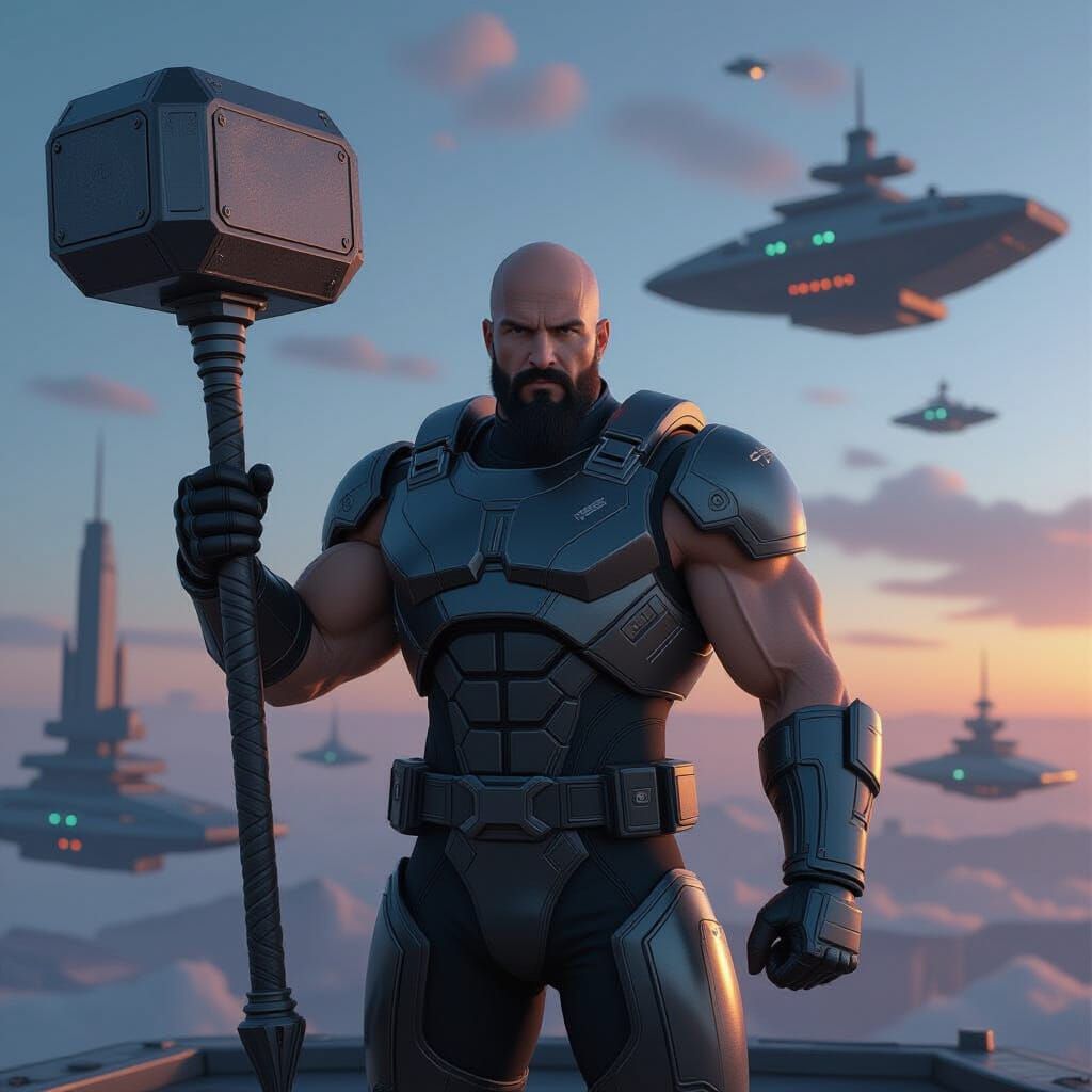 Futuristic Warrior on Spaceship, in a Sleek 3D Scene