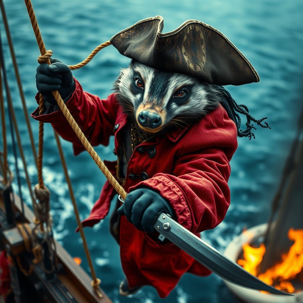 Fierce Badger Pirate Above Burning Ship: Photorealistic Deta...