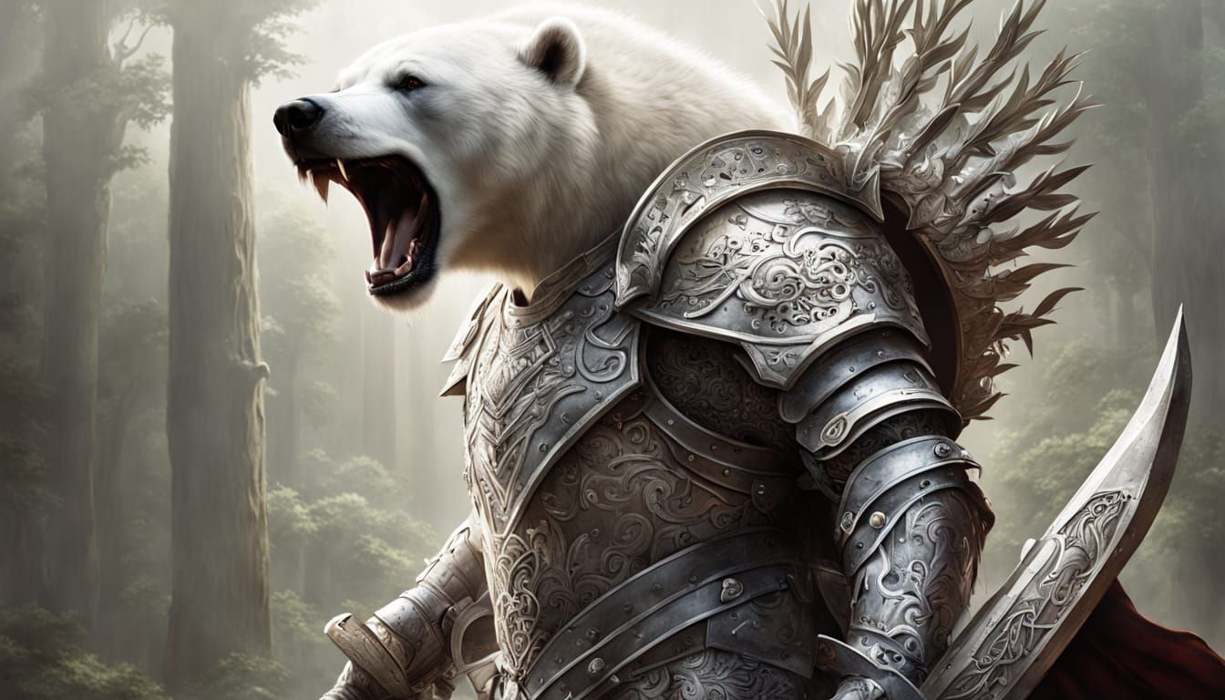 Majestic Armored White Bear King in Frazetta Style