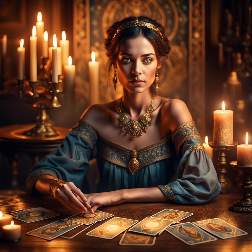 Mystical Tarot Reader in Fantasy Realism Style