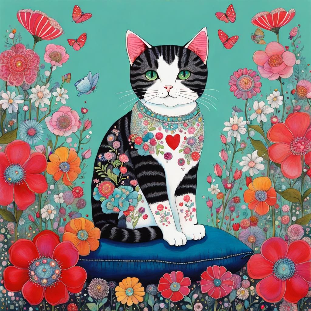 Cute Cat Surrounded by Flowers in Surreal Style