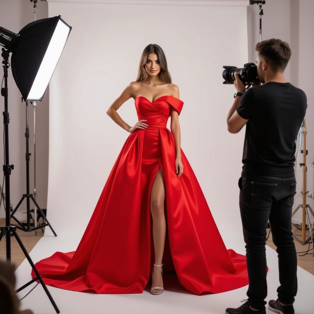 Woman in Red Ball Gown Posed in Photo Studio