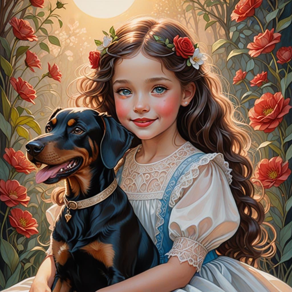 Whimsical Summer Scene with Girl and Doberman Dog