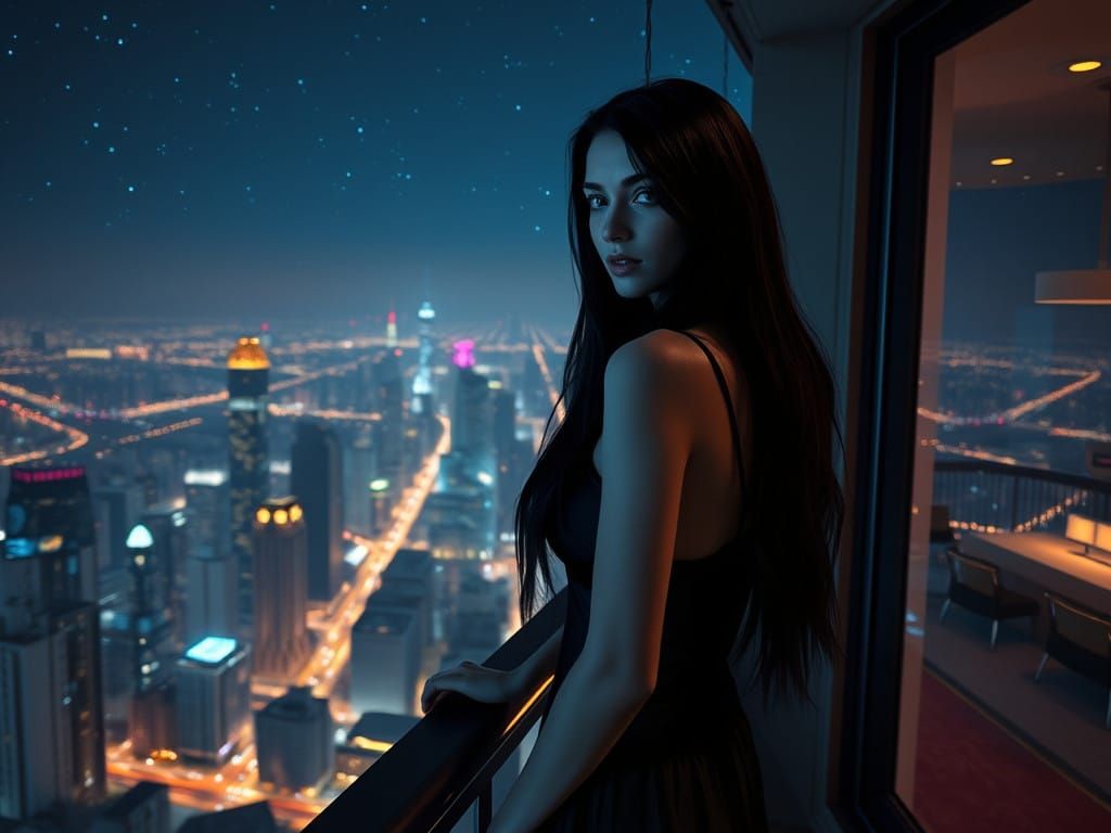 Luxurious Nighttime Cityscape with a Beautiful Young Woman