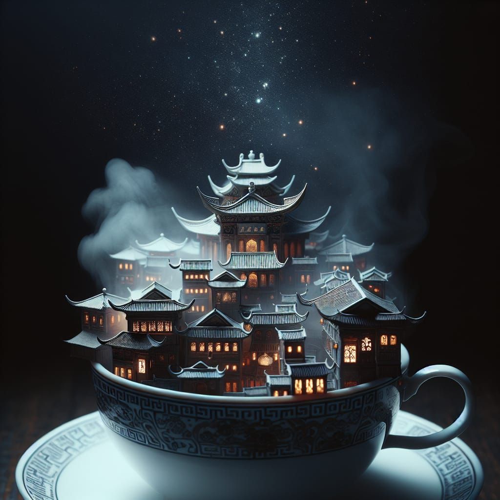 Chinese Town Rising From Tea Cup