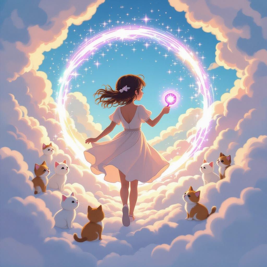 Girl Enters Kitten Realm in Dreamy Anime Style