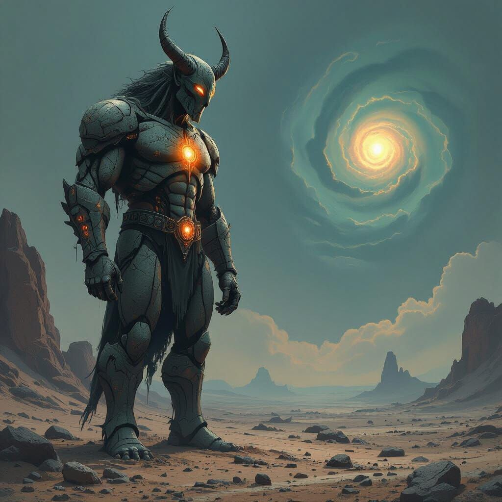 Ancient Stone Centaur Guards Alien Landscape in Dark Style