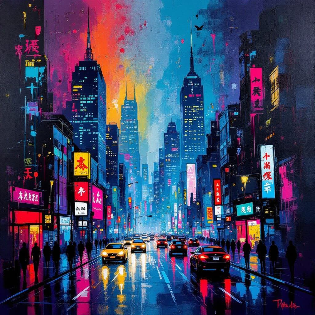 Vibrant Abstract Cityscape in Energetic Street Art Style