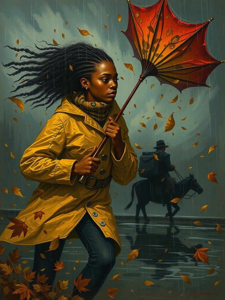 Stylized Painting of Woman in Autumn Storm with Red Umbrella