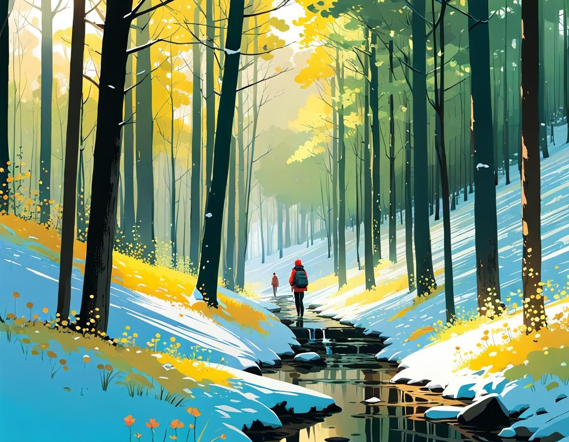 Spring Forest Hiking Trail Digital Illustration
