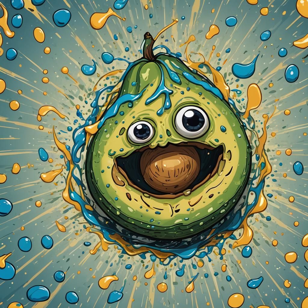 Smiling avocado half, complete with cartoon eyes and a tiny seed, set against a playful background of splashes and doodl...