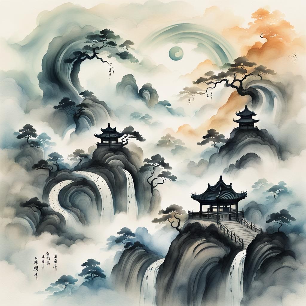 Taiji Diagram in Ancient Ink Painting Style