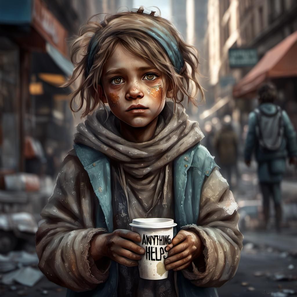 Homeless Child Begging: Hyperdetailed Digital Portrait