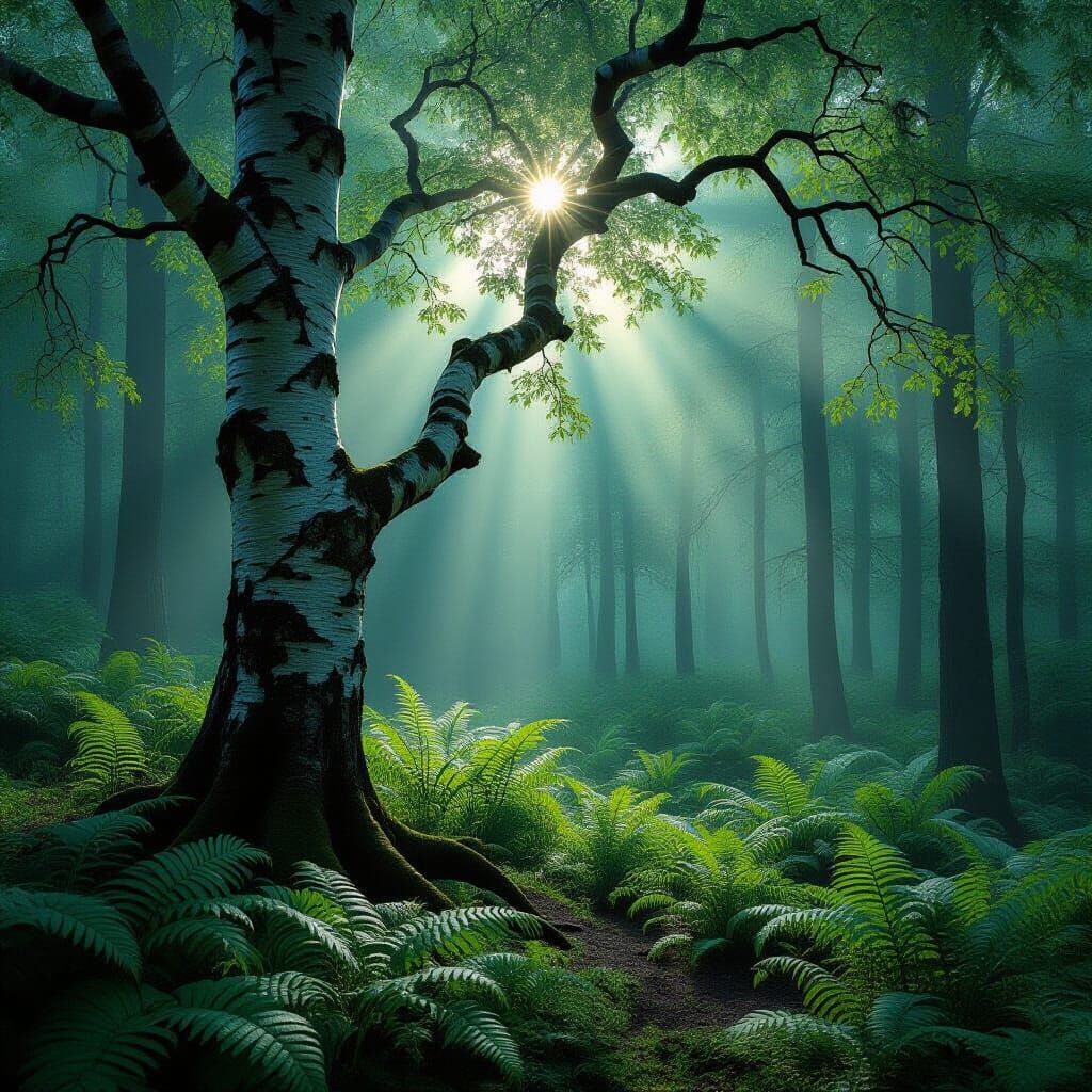 Silver Birch Forest Morning With Sun Streaks