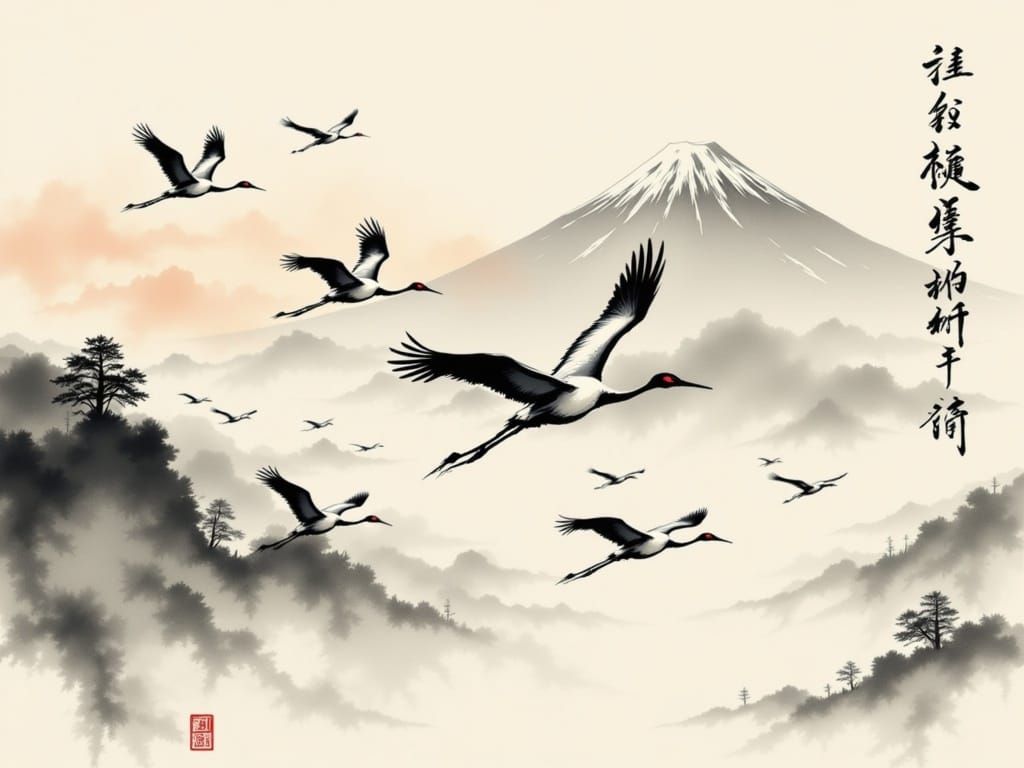 Elegant Cranes in Flight Over Mt. Fuji