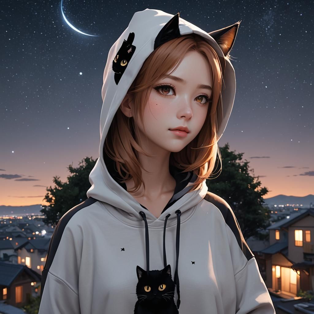 Anime Woman with Cat Hoodie in Night Sky