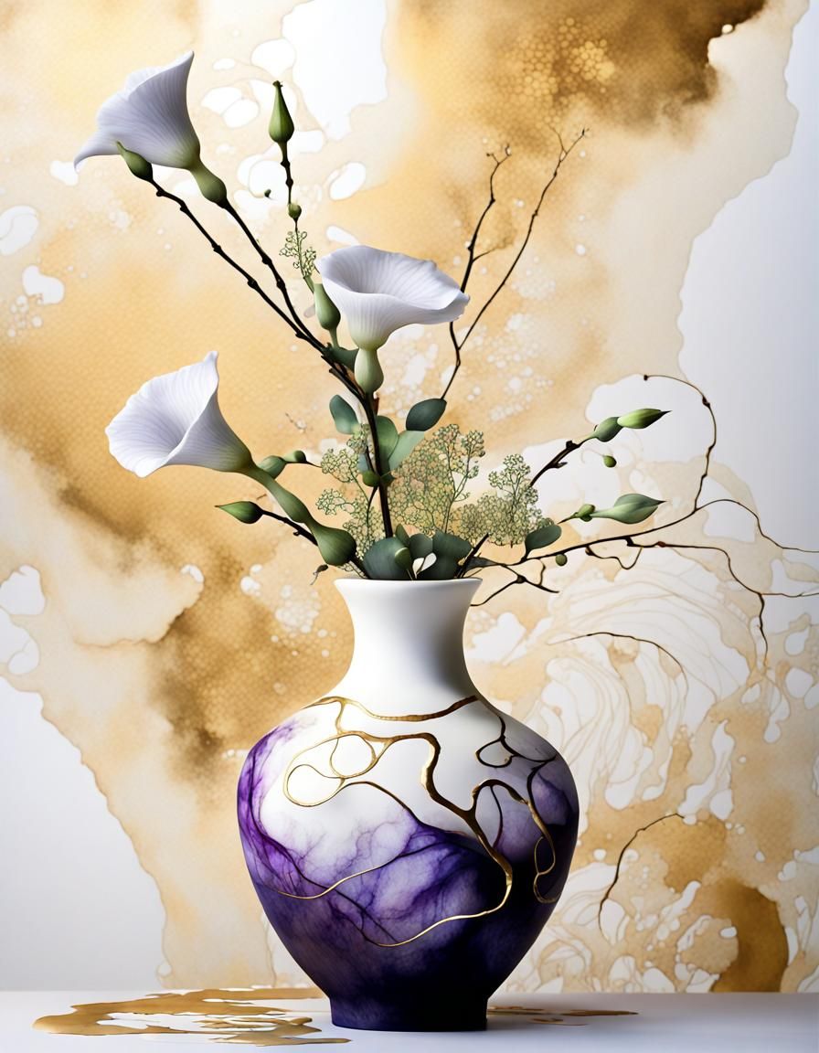 Ikebana Arrangement with Lisianthus in Watercolor Style