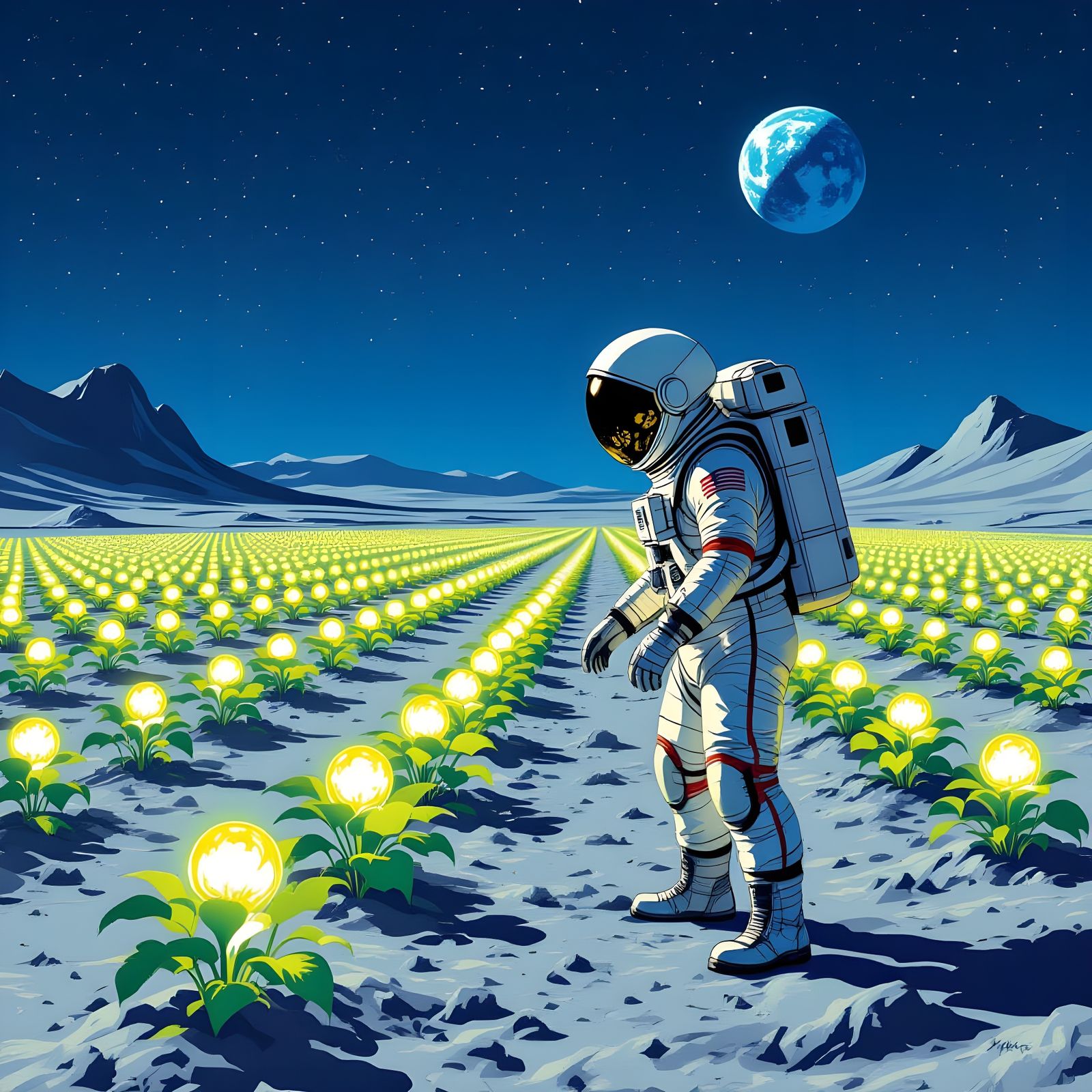 Astronaut Tends Alien Crops on Moonscape in Vintage Sci-Fi S...