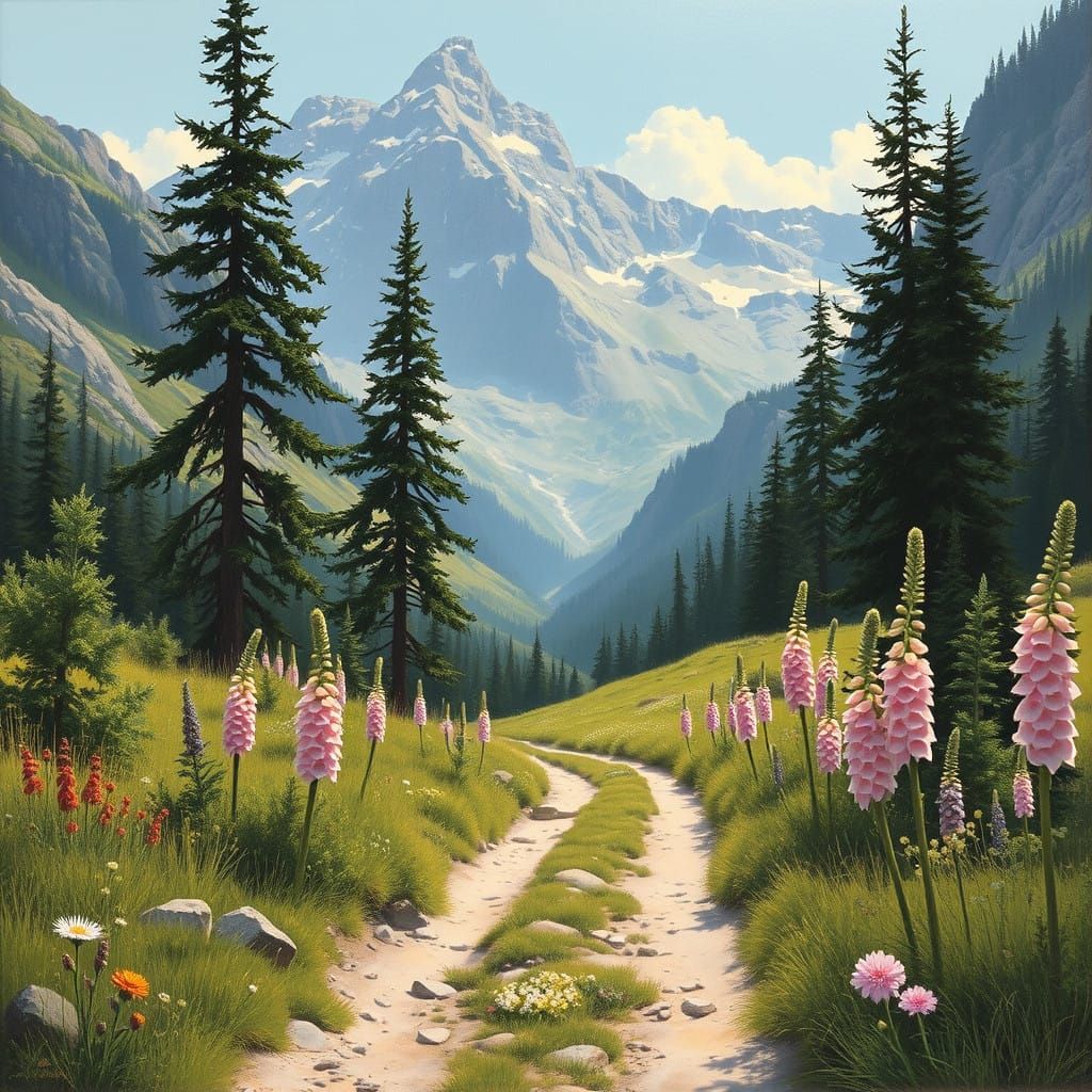 Serene Mountain Valley Landscape with Pinetrees and Wildflow...