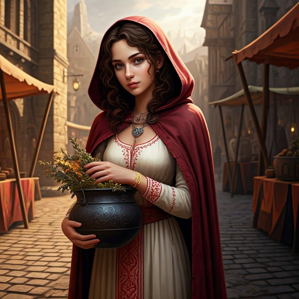 Young Woman at Medieval Market, Matte Painting Style