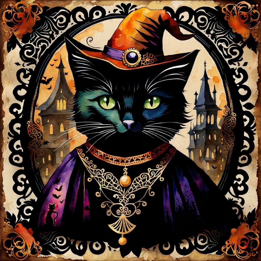 Halloween Cat in Costume: Vintage Watercolor Illustration