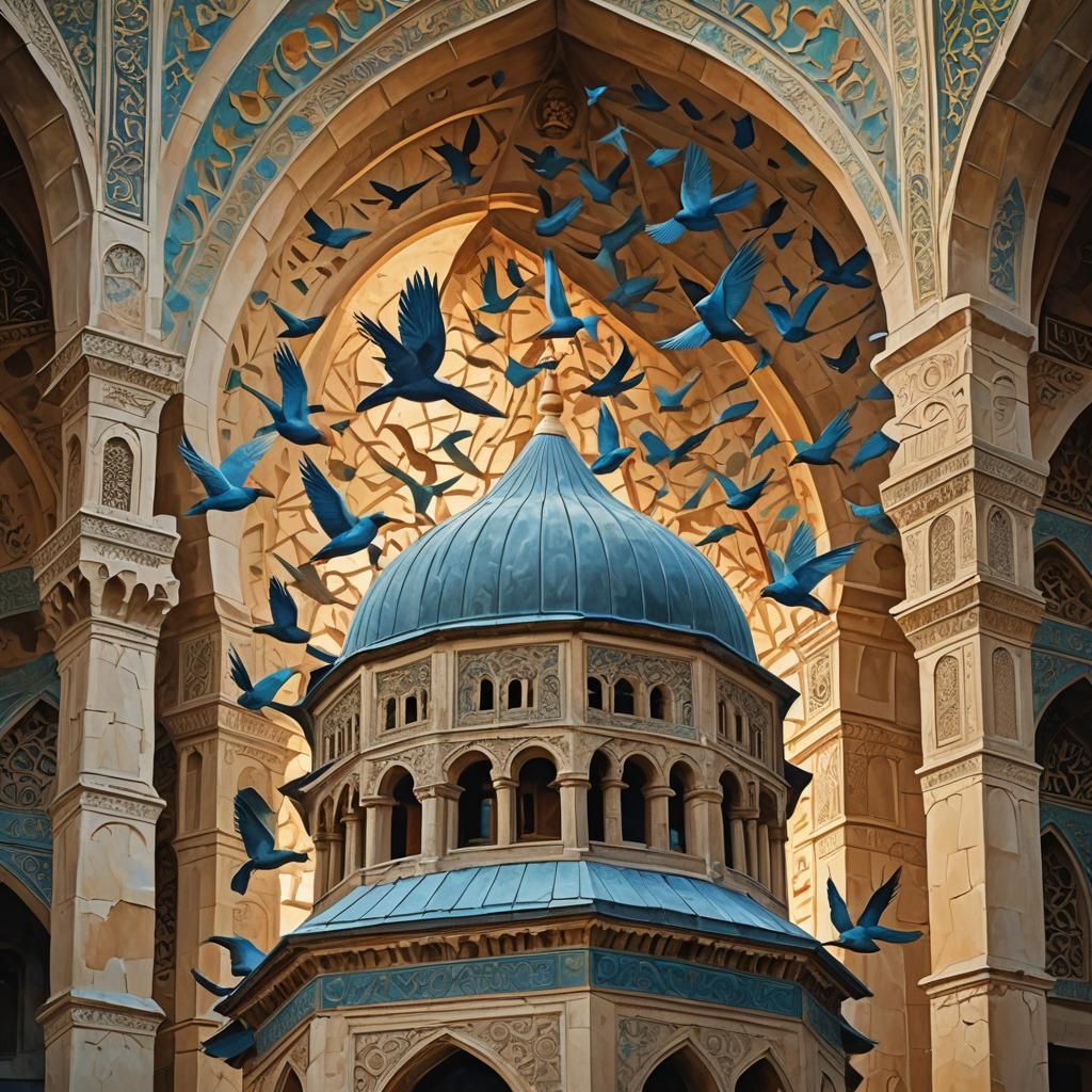 Birds Perched on Mevlana Tomb: Neo-Expressionist Oil Paintin...
