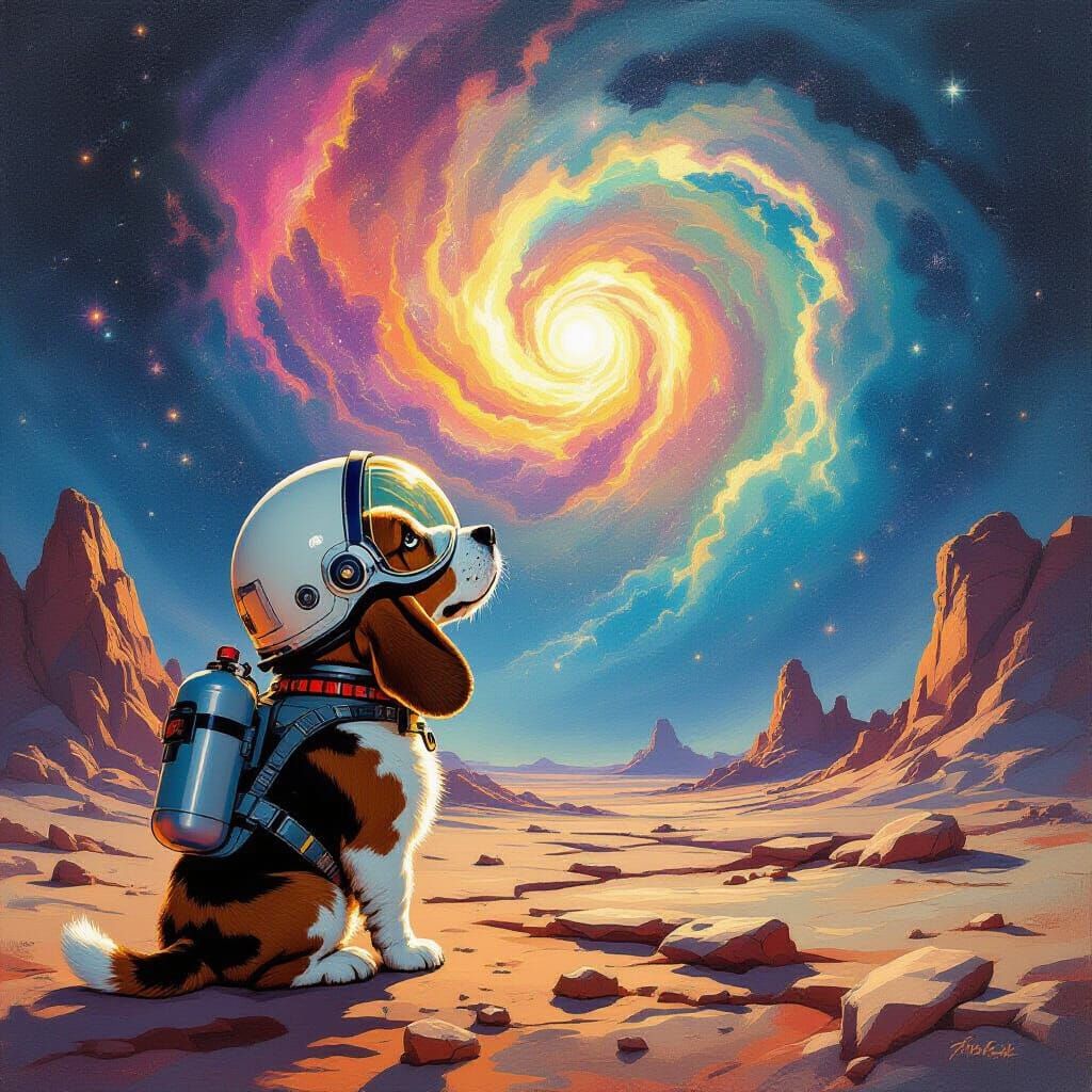 Basset Hound Cosmic Explorer Gazes at Vibrant Nebula