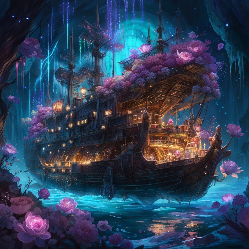Crystalline Ship Navigating Bioluminescent Flower Maze