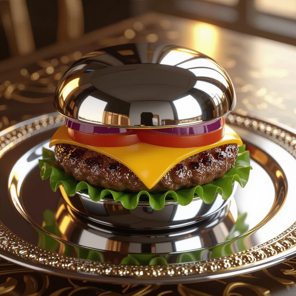 Chrome Hamburger on Silver Platter with Realistic Ingredient...