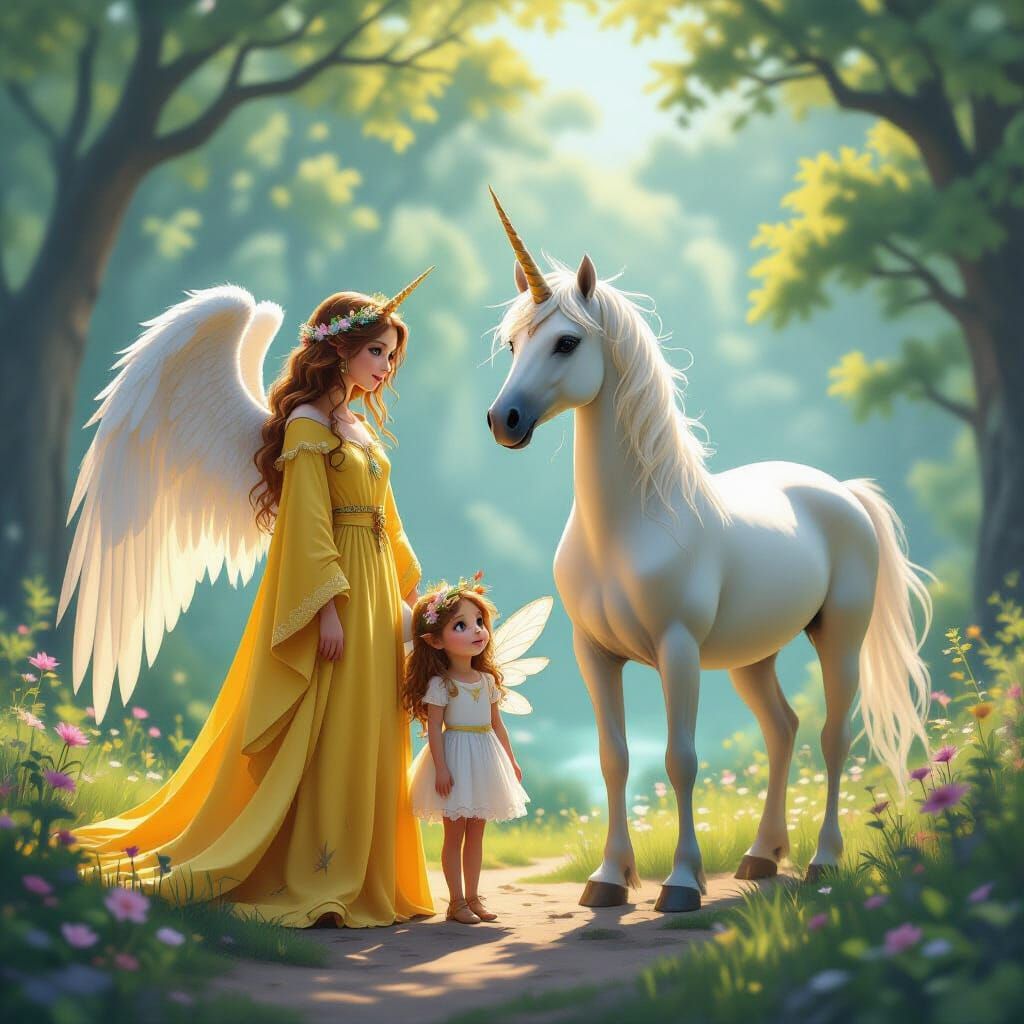 Yellow Angel, Pixie, and Unicorn in Whimsical Landscape
