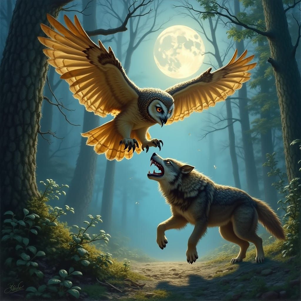 Majestic Owl Engages Fierce Wolf in Moonlit Forest Battle