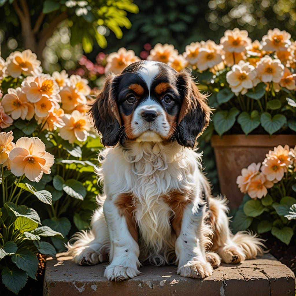 Charming White and Tan Charles Spaniel Puppy in a Sunlit Gar...