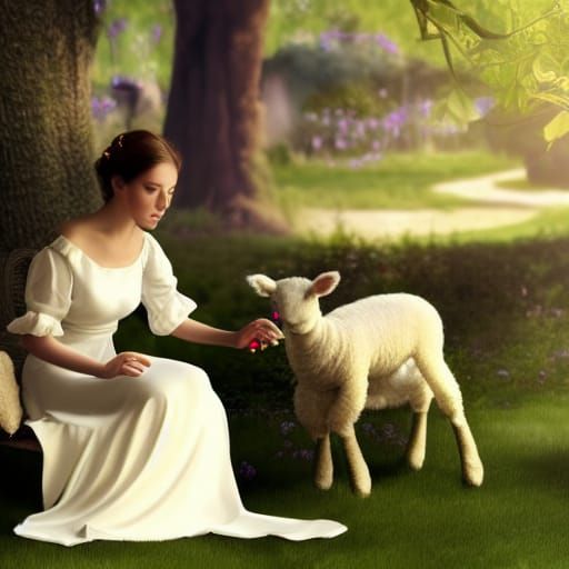 Elegant Lady with Lamb in Lush Garden