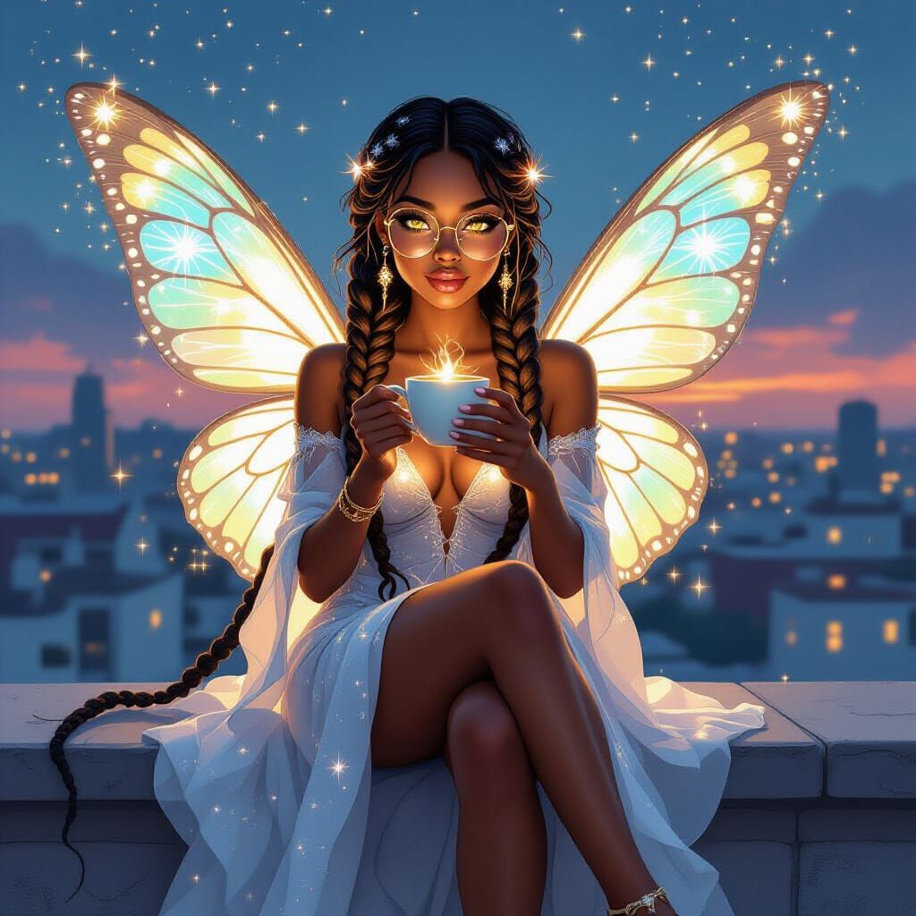 Cosmic Fairy Goddess on Rooftop, Digital Art
